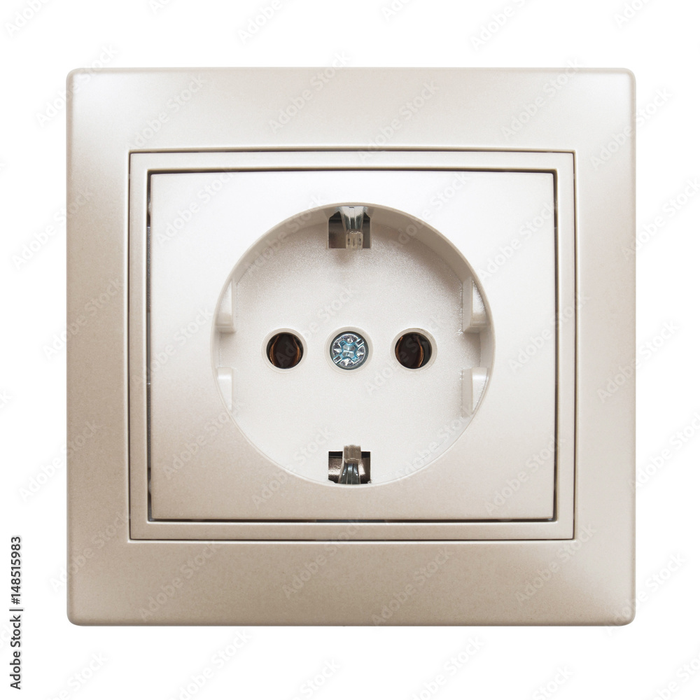 Electrical outlet isolated on white background. Flat lay, top view