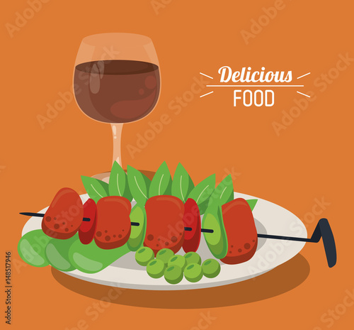 delicious food skewer with meat vegetables dish vector illustration