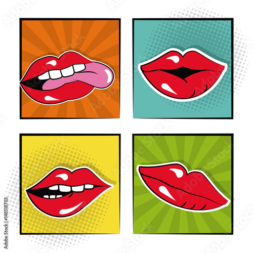 set sexy female lips bubble speech pop art vector illustration