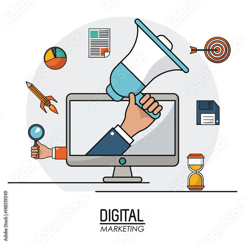 hand holding speaker digital marketing business infomation online vector illustration