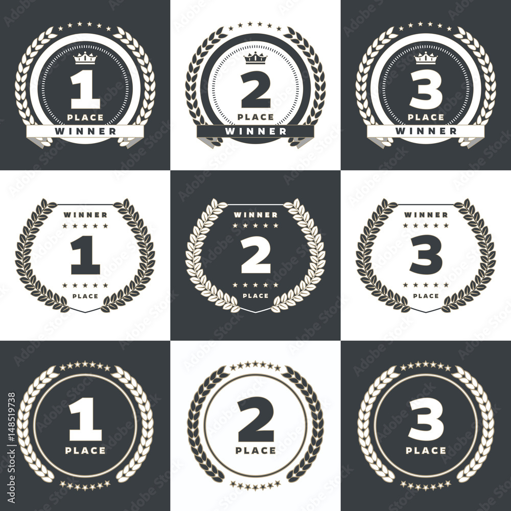 1st, 2ns, 3rd place logo's with laurels and ribbons. Vector illustration.