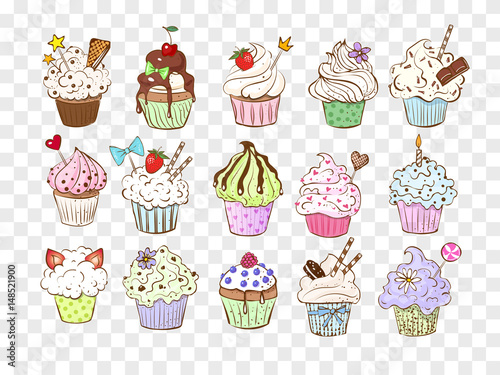 Set of colored doodle sketch cupcakes with decorations. Vector illustration.