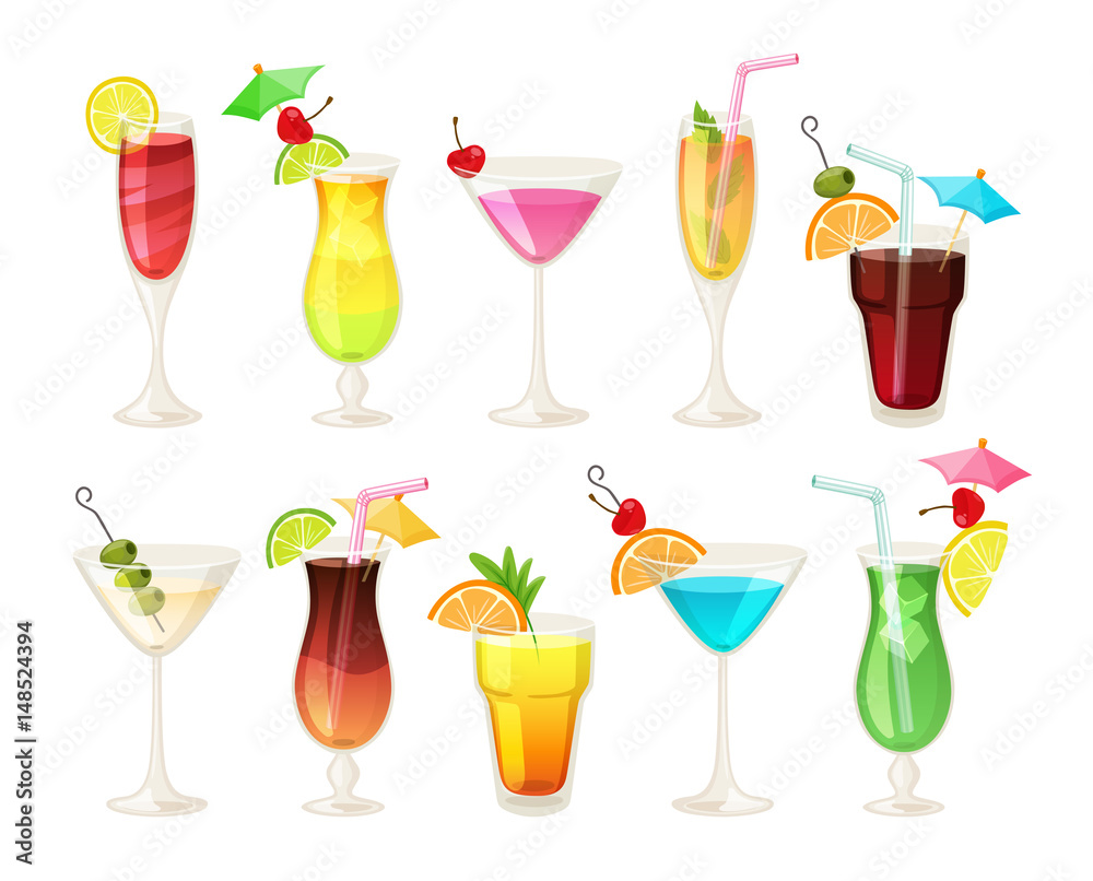 Tropical cocktails and juices set. Vector hand drawn illustration. Various isolated cocktail glass with beverages. Tropical cocktails and juices set. Vector hand drawn illustration. Various isolated cocktail glass with beverages.