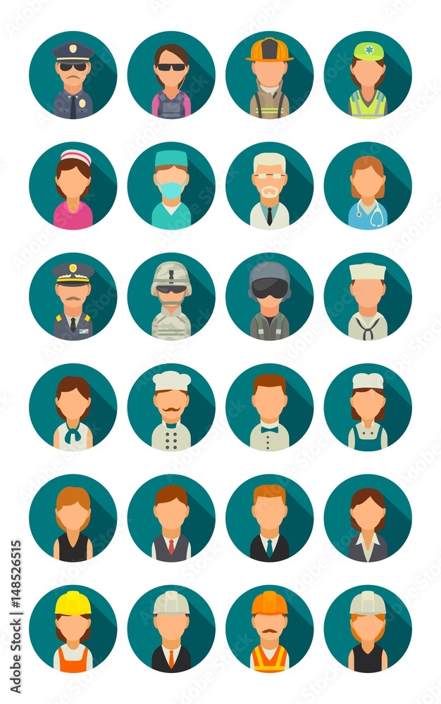Set icon character cook, builder, business and medical people. Set icon character cook, builder, business and medical people.