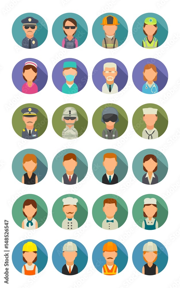 Set icon different professions. Character cook, builder, business, army and medical people. Set icon different professions. Character cook, builder, business, army and medical people.