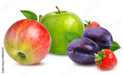 apples,plum and strawberries isolated on white