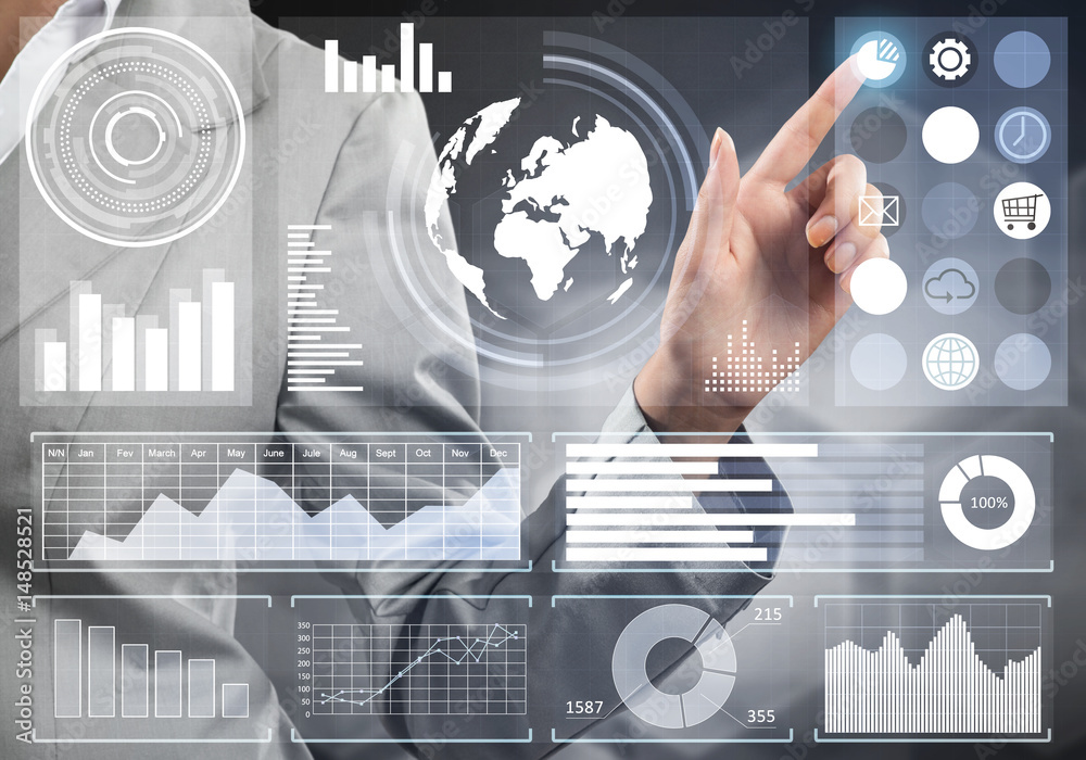 Hand of businesswoman pressing with finger icon on media screen
