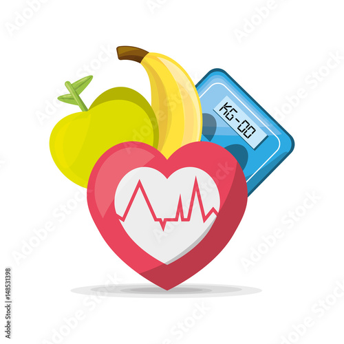 fruits, heartbeat and weighing mashine, vector illustration design