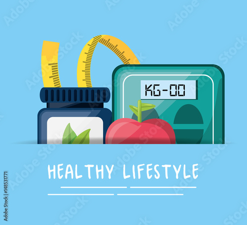 natural pills, apple, measuring and weighing mashine, vector illustration
