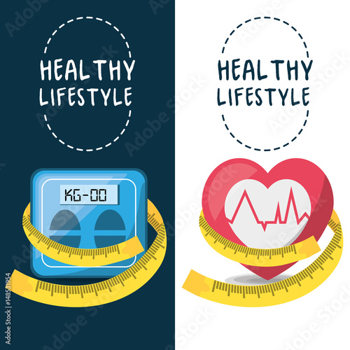 weighing mashine, heartbeat and measuring to carry healthy lifestyle, vector illustration