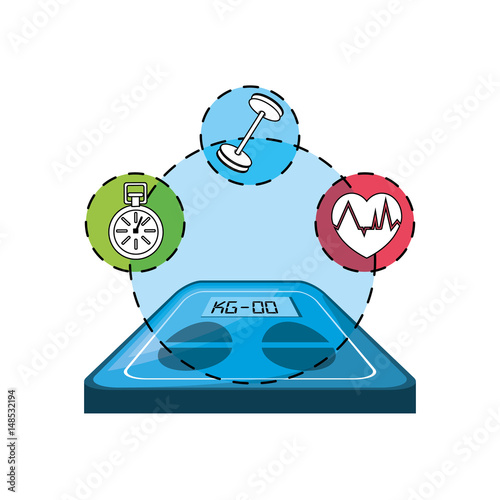 weighing mashine with healthy lifestyle icons around, vector illustration deign