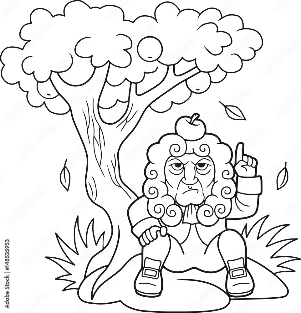 Cartoon Newton sits under the apple tree Cartoon Newton sits under the apple tree
