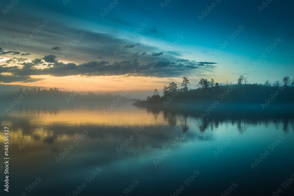Islands in the fog. Northern landscape. Ladoga lake. Karelia. Islands in the fog. Northern landscape. Ladoga lake. Karelia.