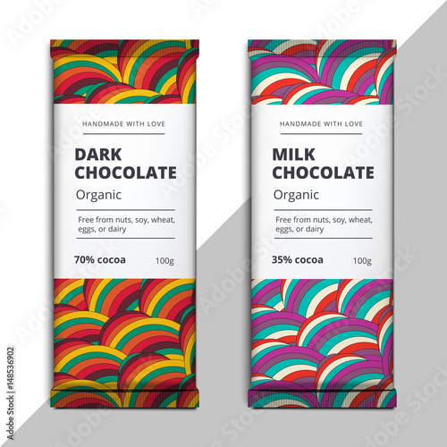 Organic dark and milk chocolate bar design. Choco packaging vector mockup. Trendy luxury product branding template with label and geometric pattern