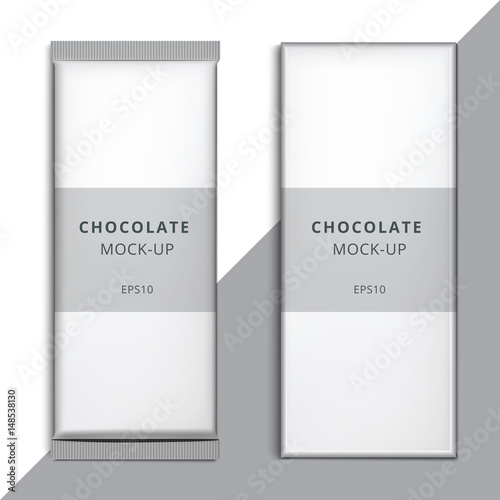 Realistic blank 3D chocolate bar template design. Choco packaging vector mockup. Product white empty branding box pack with wrapper isolated.