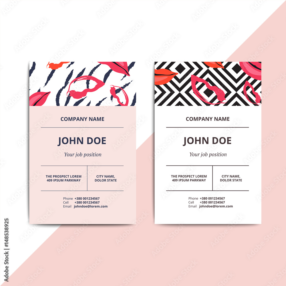 Trendy abstract business card templates. Modern luxury beauty salon or cosmetic shop layout with artistic lips pattern. Vector fashion glamour background design with data sample text. Trendy abstract business card templates. Modern luxury beauty salon or cosmetic shop layout with artistic lips pattern. Vector fashion glamour background design with data sample text.