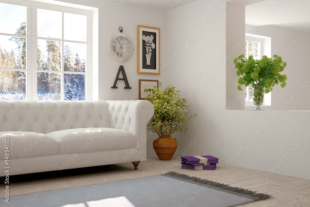 White room with sofa and winter landscape in window. Scandinavian interior design. 3D illustration White room with sofa and winter landscape in window. Scandinavian interior design. 3D illustration