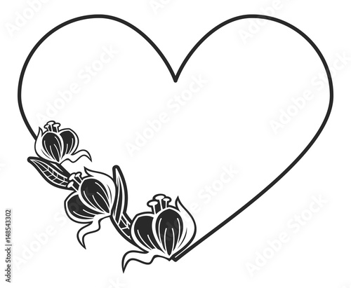 Heart-shaped black and white frame with floral silhouettes.