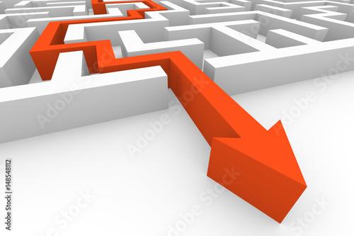 Labyrinth with red arrow coming out. Close up view. 3d render.