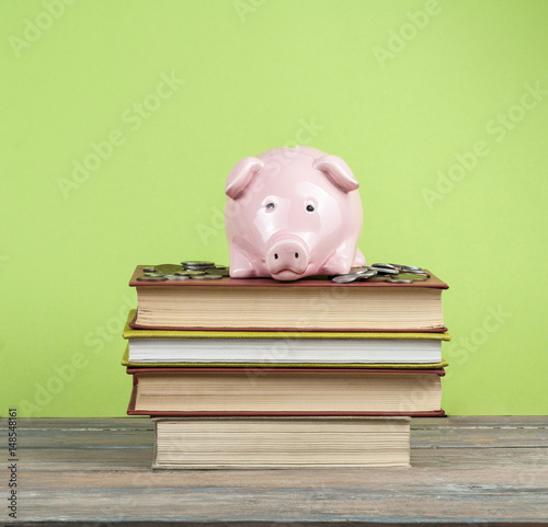 Piggy bank with books and coins on wooden background. Concept of funding education.