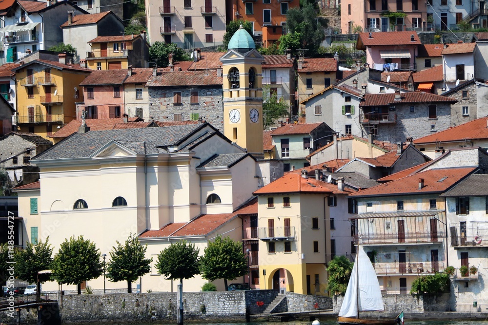 View to church in Colonno at Lake Como, Lombardy Italy

