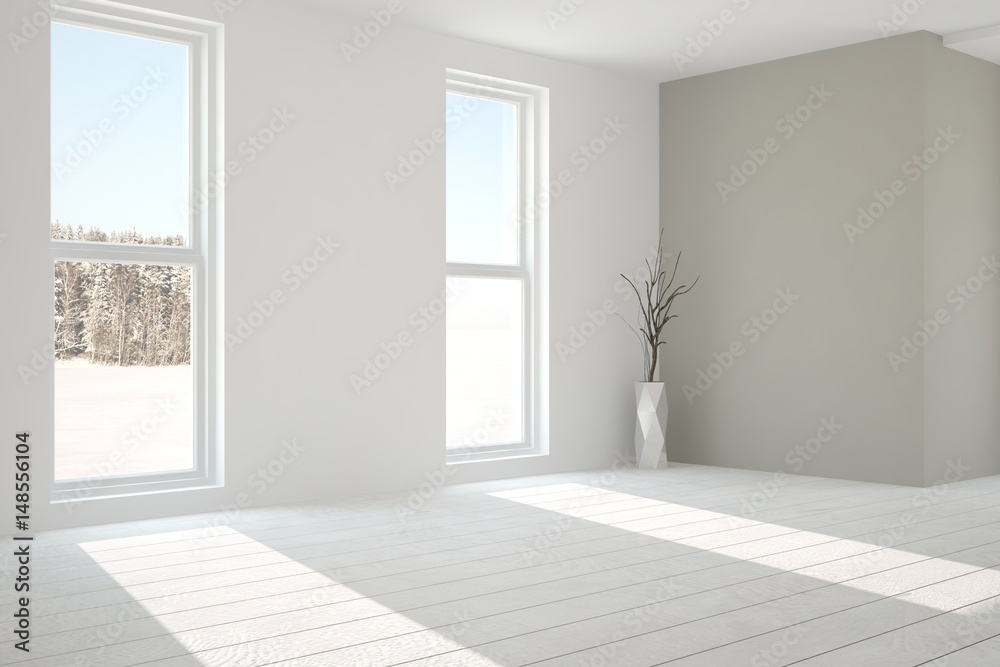 White empty room with winter landscape in window. Scandinavian interior design. 3D illustration White empty room with winter landscape in window. Scandinavian interior design. 3D illustration
