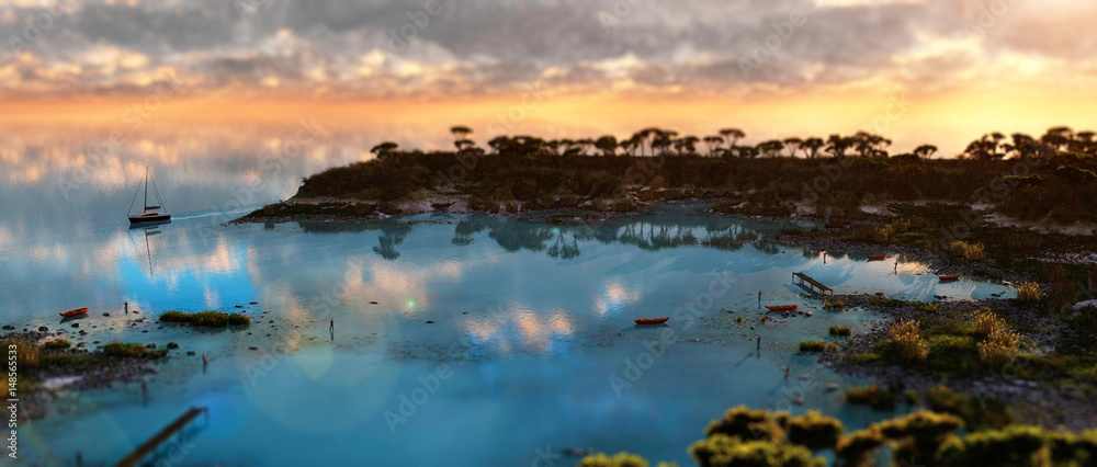 Fishing Bay Sunrise - 4K HD Panorama - 3D Rendering