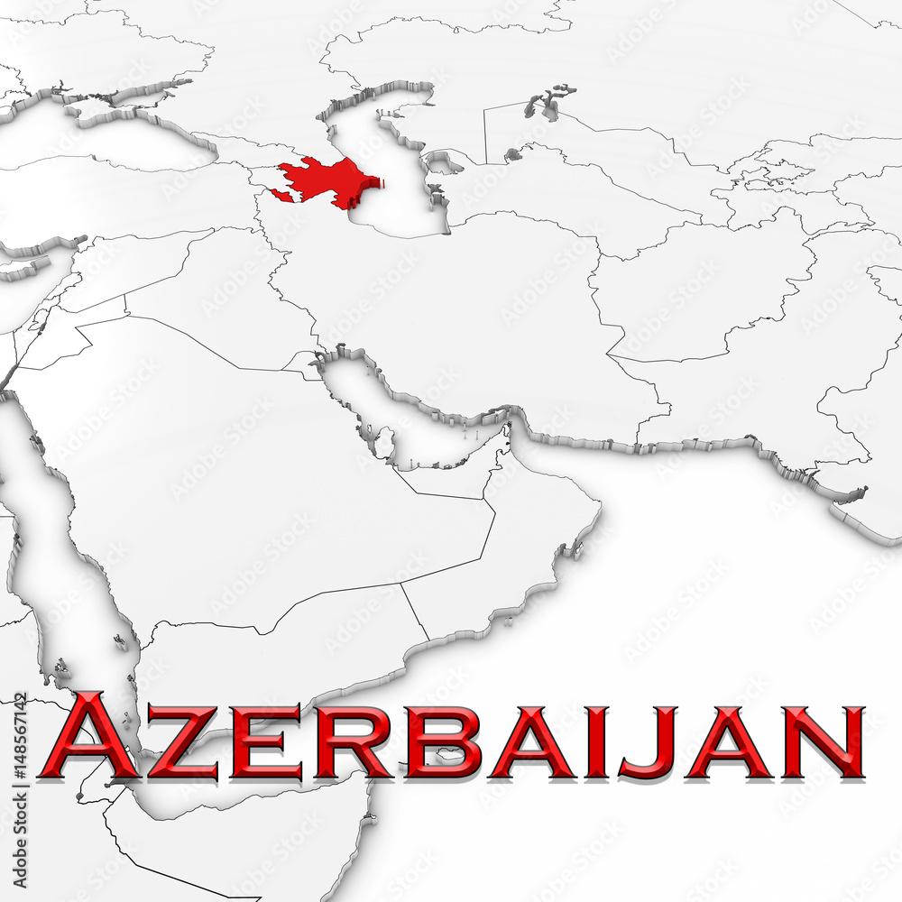 3D Map of Azerbaijan with Country Name Highlighted Red on White Background 3D Illustration