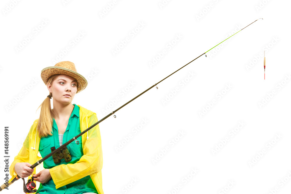 Woman with fishing rod , spinning equipment Woman with fishing rod , spinning equipment