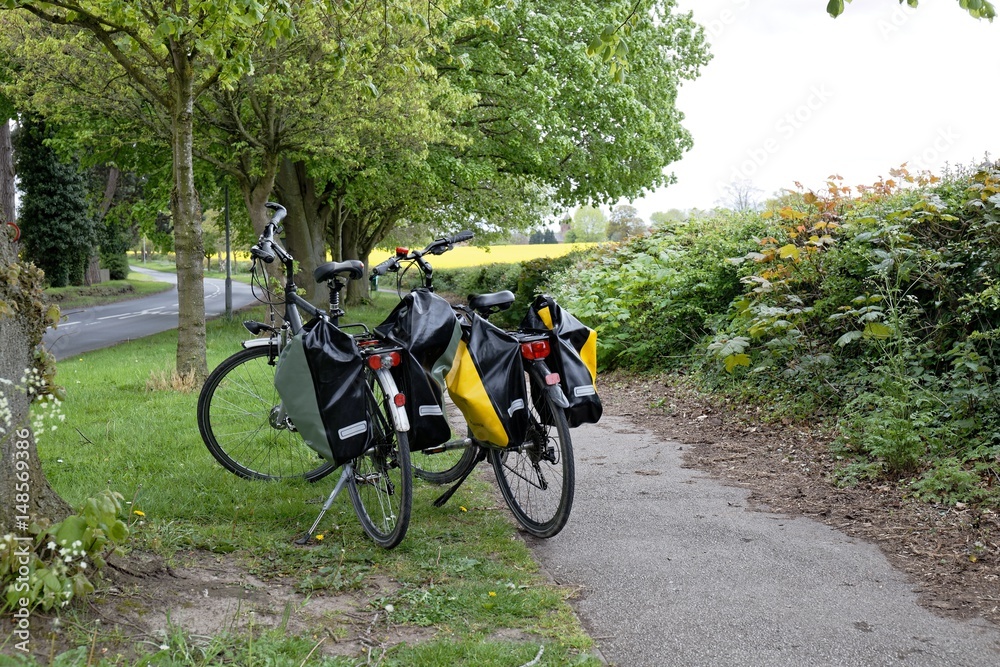 Fototapeta premium Pair of two bikes with panniers on grass near path