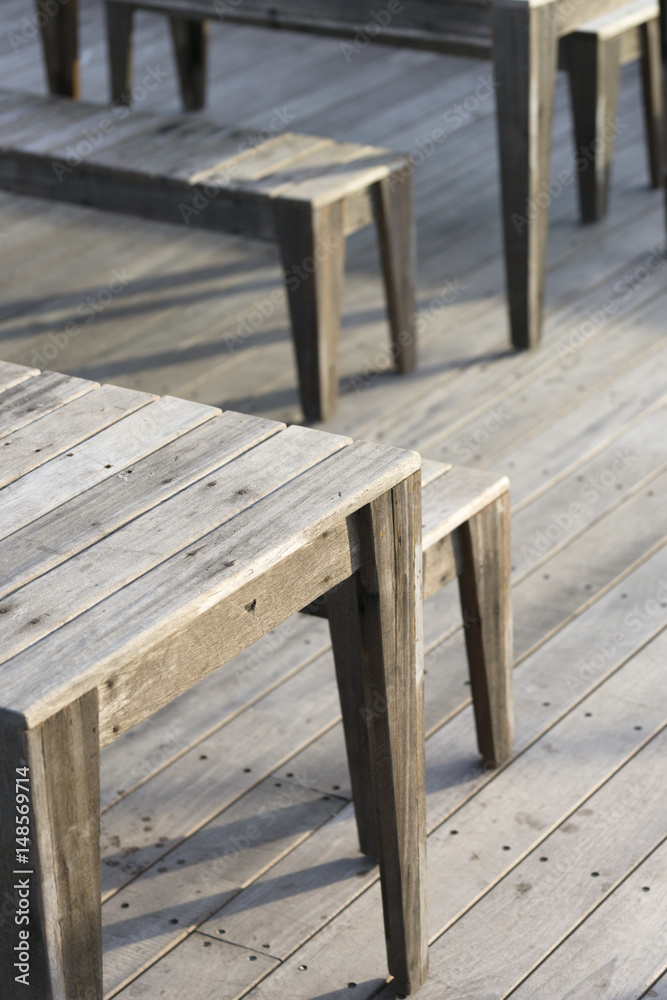 Outdoor wood benches and tables. Outdoor wood benches and tables.