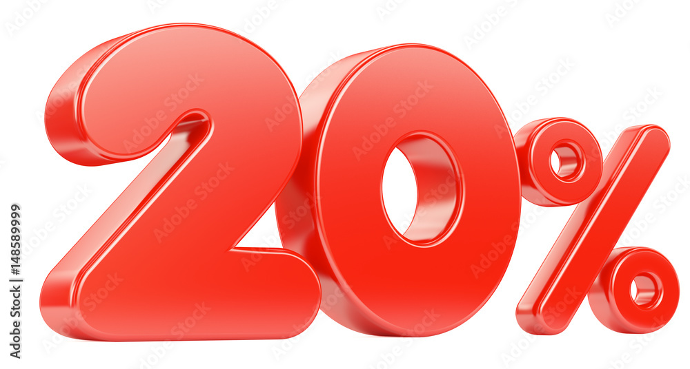 Twenty red percent isolated on white background. 3d render illustration. Twenty red percent isolated on white background. 3d render illustration.