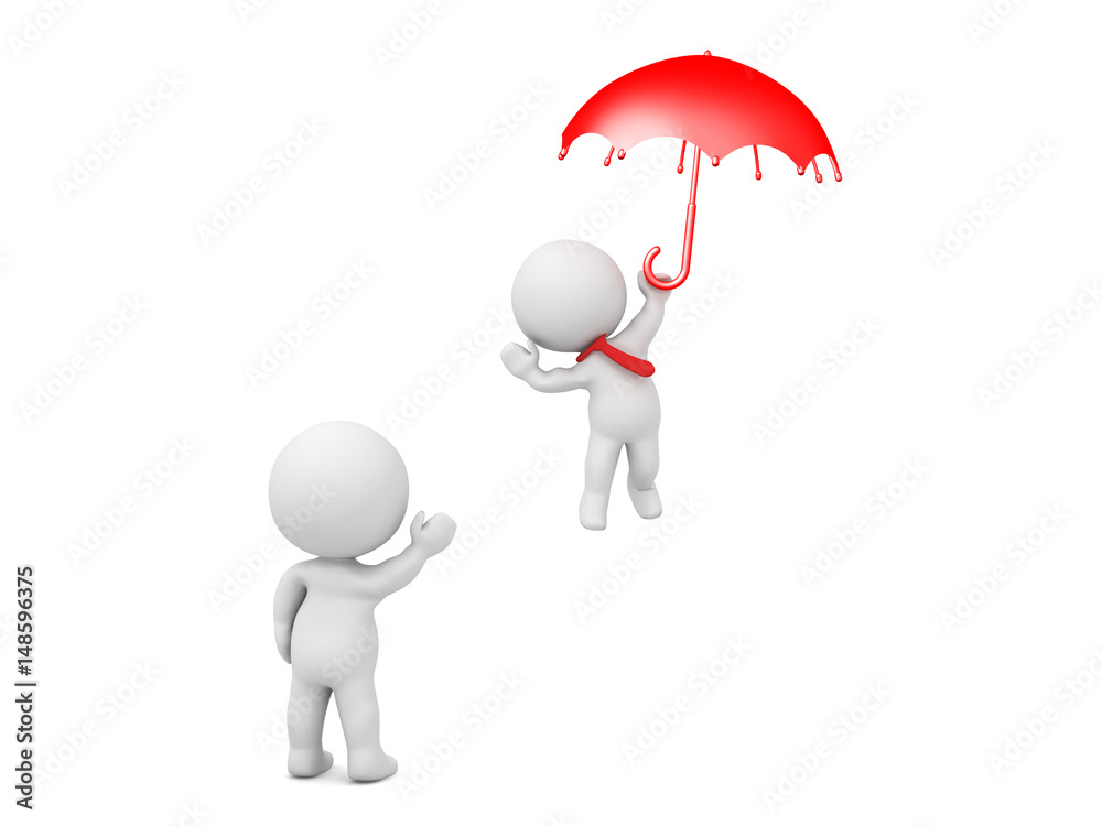 3D Character waving at another one who is flying away holding an umbrella 3D Character waving at another one who is flying away holding an umbrella