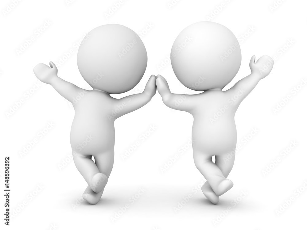 Two 3D Characters leaning on one leg high fiving each other and waving Two 3D Characters leaning on one leg high fiving each other and waving