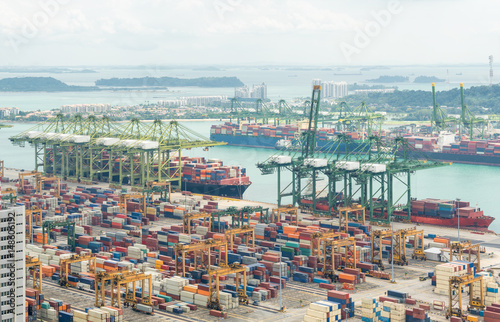 Aerial view of Singapore shipping port with Central Business District, Singapore
