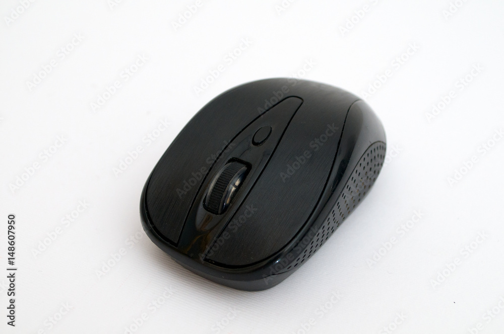 Black wireless mouse on a white background Black wireless mouse on a white background
