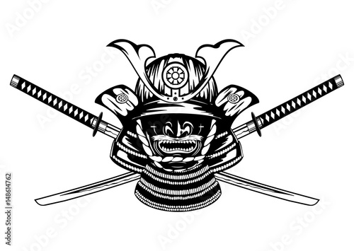 samurai helmet and crossed katanas
