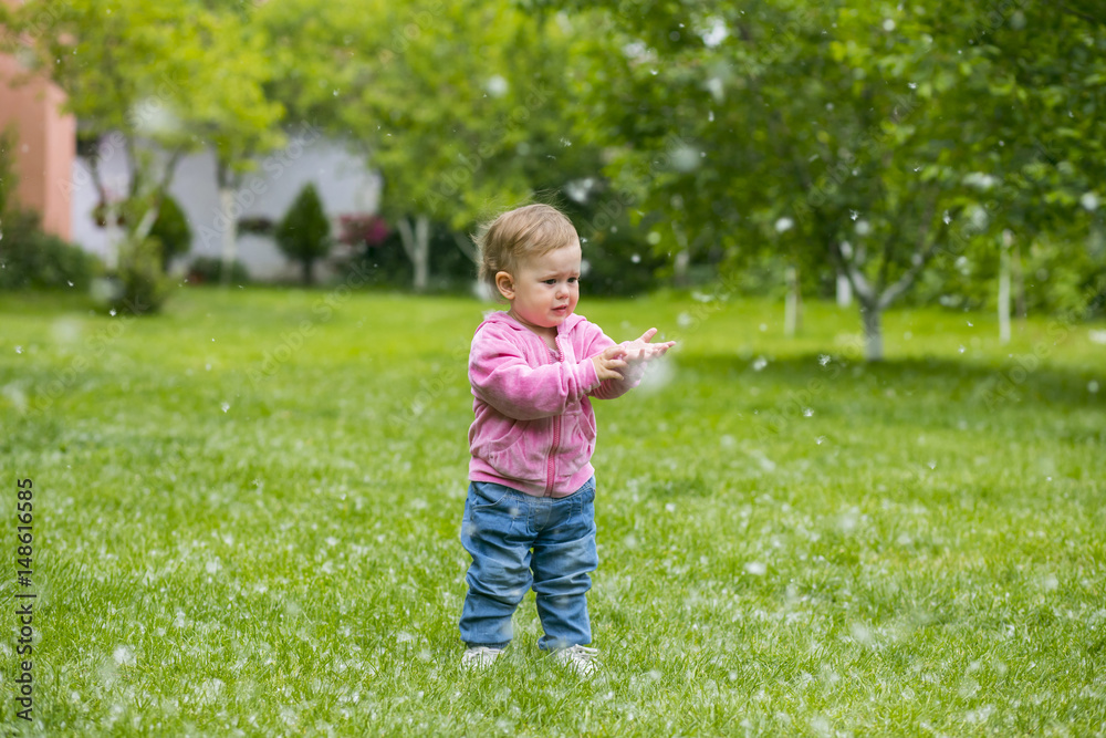 Little baby girl playing with poplar fluff on the green park outdoor. Little baby girl playing with poplar fluff on the green park outdoor.