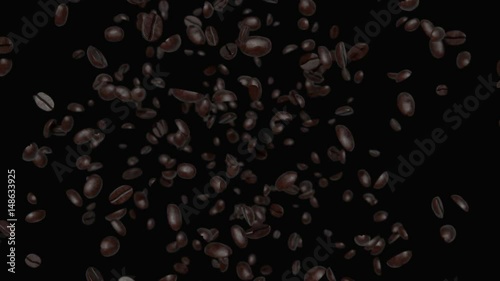 Coffee beans flow 3d animation on black background with alpha channel.