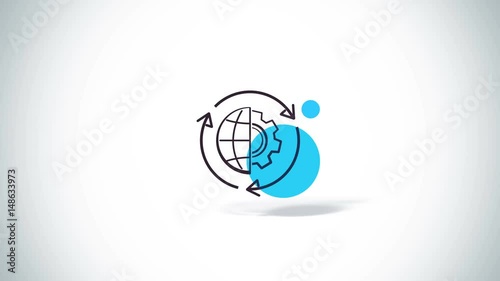 Arrows rotate with gear and earth symbols flat animation with shadows on white background. Logo style.