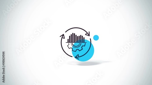 Arrows rotate with gear and graphic elements symbols flat animation with shadows on white background. Logo style.