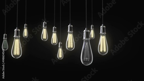 Group of vintage bulb lights 3d rendering animation. Lights is turned on.
