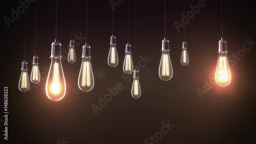 Group of vintage bulb lights 3d rendering animation. Lights is turned on.