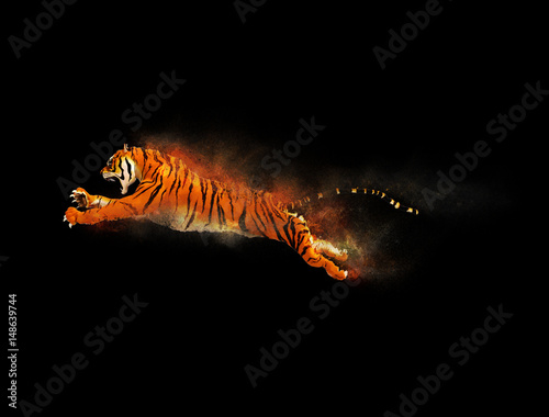 A tiger moving and jumping with dust particle effect on black background  3d illustration