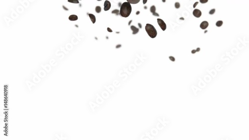 Coffee beans slow falling 3d animation on white background