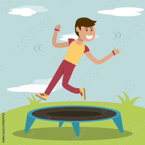 physical education - boy training jumping trampoline sport vector illustration