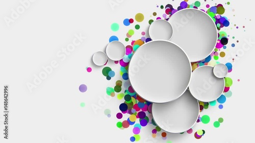 Abstract white circle solids pattern scale animation with flow colorful particles on white background