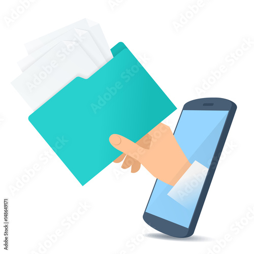 A human hand through the mobile phone's screen holds an office folder with documents. Modern technology, smart phone apps flat concept illustration. Vector design element isolated on white background.