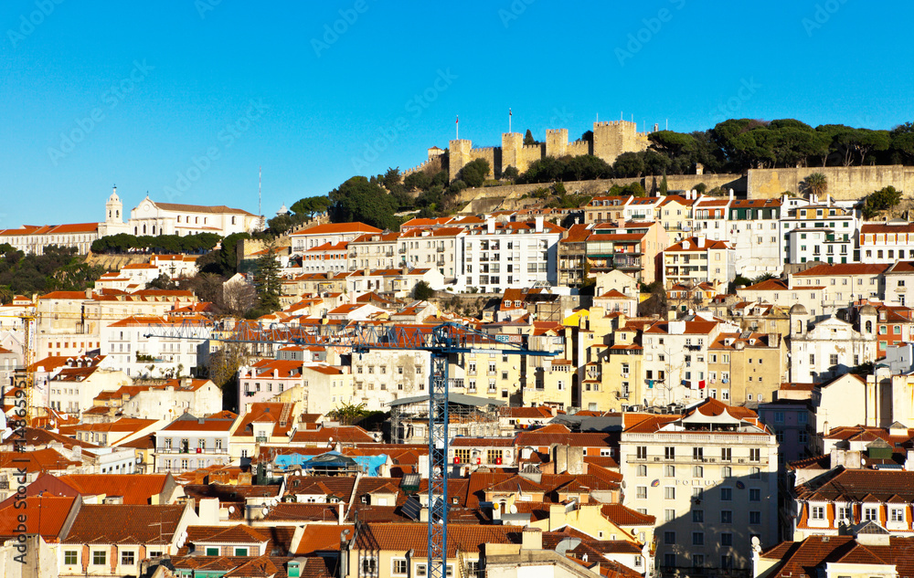 View of the historic center of Lisbon and the medieval fortress of Saint George Castle from the Santa Justa Lift