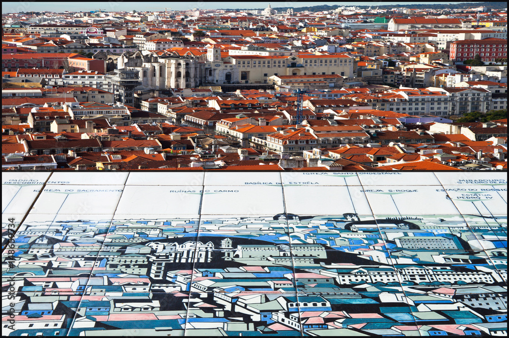 View of Lisbon from the observation deck on the hill of the fortress of St. George. Collage of a real city view and plan with landmarks on traditional ceramic tiles - azulejos